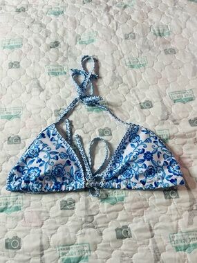 Blue and White Floral Triangle Bikini Top